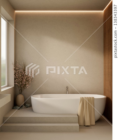 White tub with towel draped over edge and flower vase on steps over tiles floor in a modern bathroom White tub with towel draped over edge and flower vase on steps over tiles floor in a modern bathroom 138343397