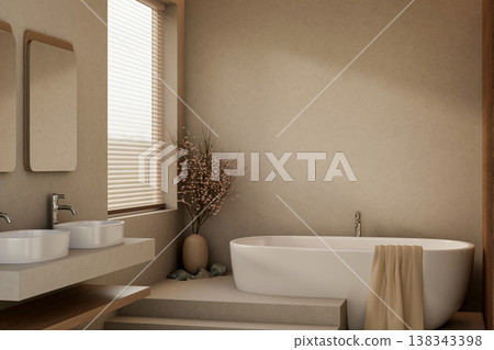 White tub with draped towel and flower vase on steps aside sink counter and window blind in bathroom White tub with draped towel and flower vase on steps aside sink counter and window blind in bathroom 138343398