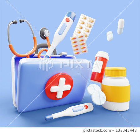 Paramedic bag with drugs on blue 3d background. Open medicine chest, first aid kit with stethoscope, thermometer and pill bottles. Emergency medical box, ambulance doctor equipment. 3D illustration 138343448