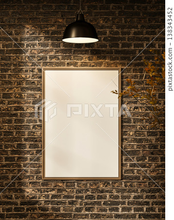 White painting photo frame on old rustic bricks wall and a tree branch illuminating by hanging lamp. White painting photo frame on old rustic bricks wall and a tree branch illuminating by hanging lamp. 138343452