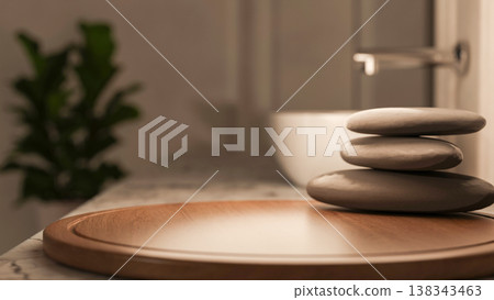 Spa massage stones on round wooden tray at marble sink counter in dim lit bathroom of a modern house 138343463