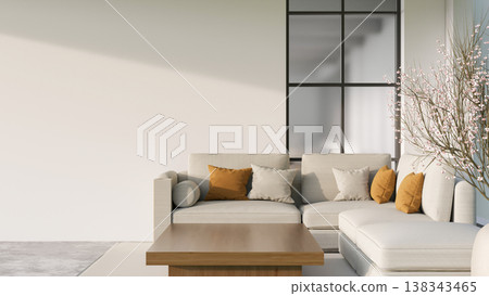 Grey fabric sofa and wooden table on carpet floor aside pink flower in vase in a white wall living room Grey fabric sofa and wooden table on carpet floor aside pink flower in vase in a white wall living room 138343465