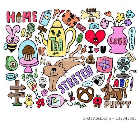 Hand drawn vector illustrations of tea pot, cat, puppy, cupcake stand, book, avocado, tiger, bone, heart, pillow, flowers in flowerpot, fan, tea cup, pretzel, rice ball, home, bird, apple, tamagotchi Hand drawn vector illustrations of tea pot, cat, puppy, cupcake stand, book, avocado, tiger, bone, heart, pillow, flowers in flowerpot, fan, tea cup, pretzel, rice ball, home, bird, apple, tamagotchi 138343583