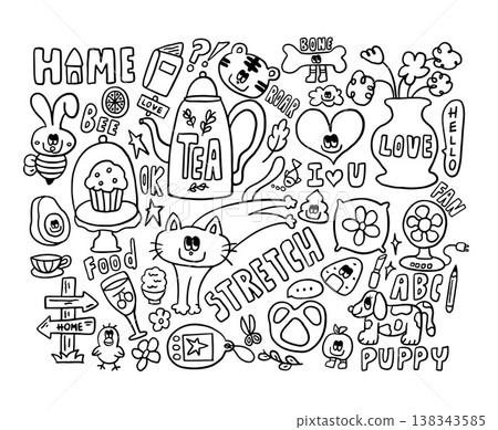 Hand drawn vector outlines of tea pot, cat, puppy, cupcake stand, book, avocado, tiger, bone, heart, pillow, flowers in flowerpot, fan, tea cup, pretzel, rice ball, home, bird, apple, tamagotchi Hand drawn vector outlines of tea pot, cat, puppy, cupcake stand, book, avocado, tiger, bone, heart, pillow, flowers in flowerpot, fan, tea cup, pretzel, rice ball, home, bird, apple, tamagotchi 138343585