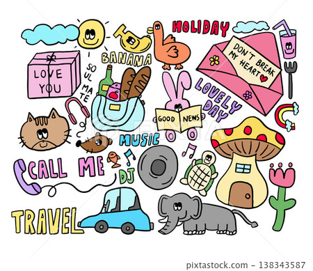 Cute hand drawn vector illustrations of LOVE YOU gift box, sun and cloud, banana, duck, DON'T BREAK MY HEART letter in an envelope, mushroom house, CD, bread loaf, apple juice and water bottle in bag Cute hand drawn vector illustrations of LOVE YOU gift box, sun and cloud, banana, duck, DON'T BREAK MY HEART letter in an envelope, mushroom house, CD, bread loaf, apple juice and water bottle in bag 138343587