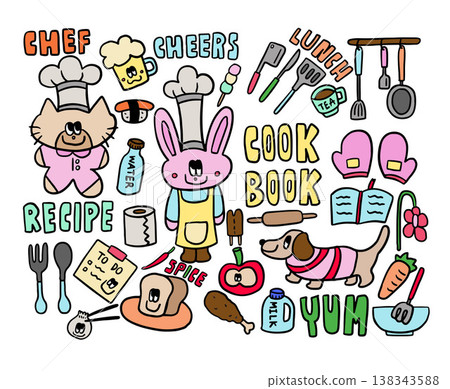 Cute hand drawn vector illustrations of cat and bunny wearing chef hat, beer glass, sushi, tissue paper, knife, frying pan, spatula, spoon and fork, bread, fried chicken, puppy, rolling pin, cook book Cute hand drawn vector illustrations of cat and bunny wearing chef hat, beer glass, sushi, tissue paper, knife, frying pan, spatula, spoon and fork, bread, fried chicken, puppy, rolling pin, cook book 138343588