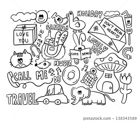 Cute hand drawn vector outlines of LOVE YOU gift box, sun and cloud, banana, duck, DON'T BREAK MY HEART letter in an envelope, mushroom house, CD, bread loaf, apple juice and water bottle in bag Cute hand drawn vector outlines of LOVE YOU gift box, sun and cloud, banana, duck, DON'T BREAK MY HEART letter in an envelope, mushroom house, CD, bread loaf, apple juice and water bottle in bag 138343589