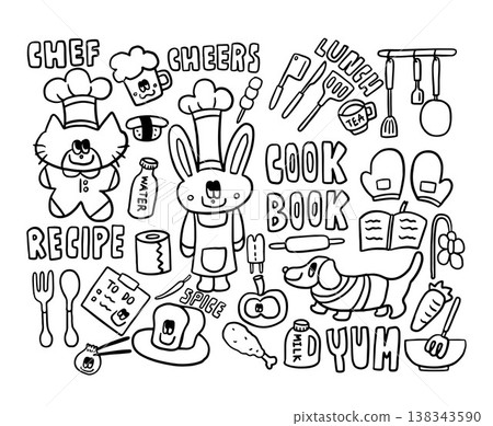 Cute hand drawn vector outlines of cat and bunny wearing chef hat, beer glass, sushi, tissue paper, knife, frying pan, spatula, spoon and fork, bread, fried chicken, puppy, rolling pin, cook book 138343590