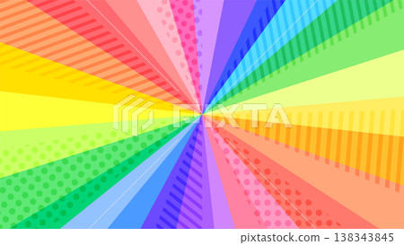 A background with rainbow-colored dots and stripes, featuring a focus line pattern. Suitable for 16:9 video thumbnails. 138343845