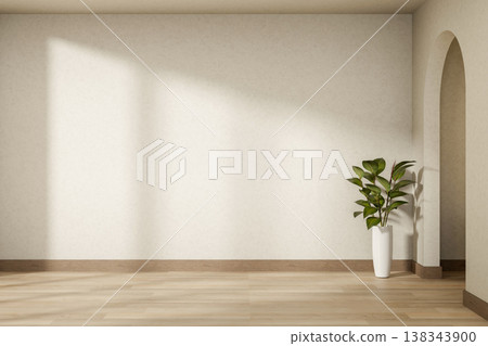 Empty white wall and potted plant on wooden parquet floor corridor to arch doorway and sunlight upon 138343900