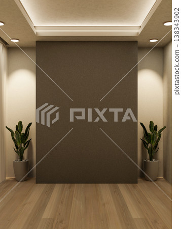 Empty dark color wall and potted plant on wooden parquet floor under lamp light on recessed ceiling. Empty dark color wall and potted plant on wooden parquet floor under lamp light on recessed ceiling. 138343902