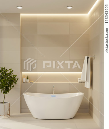 White curved tub and plant on tiles floor with recessed wall shelf and towel rack in modern bathroom White curved tub and plant on tiles floor with recessed wall shelf and towel rack in modern bathroom 138343903