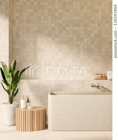 Rectangular tub and wooden table aside pot plant with towel on recessed shelf in tiles wall bathroom Rectangular tub and wooden table aside pot plant with towel on recessed shelf in tiles wall bathroom 138343904