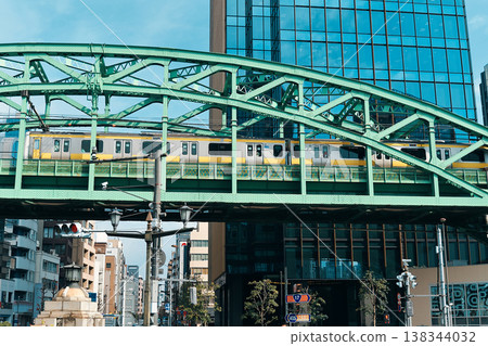 Arch bridges and commuter trains in the city Arch bridges and commuter trains in the city 138344032