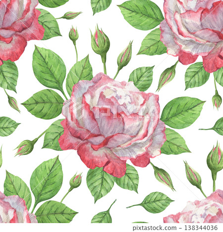A watercolor seamless pattern with roses with leaves and buds A watercolor seamless pattern with roses with leaves and buds 138344036