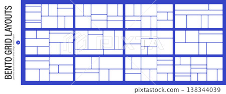 Set of bento grid web templates. Rounded corners for mood boards, galleries and social media banners. Contemporary UI panels. Set of bento grid web templates. Rounded corners for mood boards, galleries and social media banners. Contemporary UI panels. 138344039