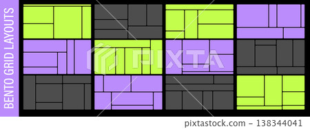 Bento grid layouts set with geometric tiles and rounded corners. Trendy UI design panels for web interfaces and dashboards. Modern modular template collection. Bento grid layouts set with geometric tiles and rounded corners. Trendy UI design panels for web interfaces and dashboards. Modern modular template collection. 138344041