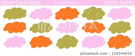 Cloud label shapes set. Crayon scribble fluffy stickers. Cute doodle wavy frame collection. 138344050