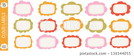 Colorful fluffy cloud labels. Cute wavy sticker set. Colorful fluffy cloud labels. Cute wavy sticker set. 138344055