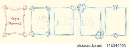 Hand drawn rope frames. Twisted cord rectangle borders with different knot corners and loops. Hand drawn rope frames. Twisted cord rectangle borders with different knot corners and loops. 138344063