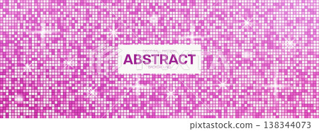 Pink disco sequin pattern background. Glittering mirror mosaic texture with sparkling party light. Glam seamless bg. Pink disco sequin pattern background. Glittering mirror mosaic texture with sparkling party light. Glam seamless bg. 138344073
