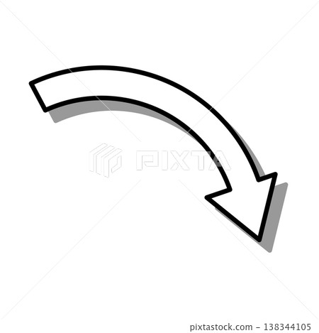 一個白色陰影的彎曲箭頭,向右下方急劇彎曲。 一個白色陰影的彎曲箭頭,向右下方急劇彎曲。 138344105