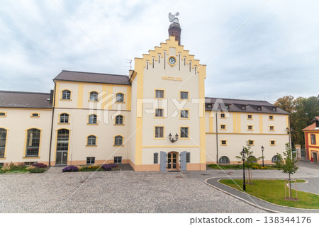 Krusovice brewery building with a clock. 138344176
