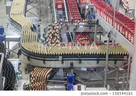 Conveyor systems for beer bottles and crates in brewery Conveyor systems for beer bottles and crates in brewery 138344181