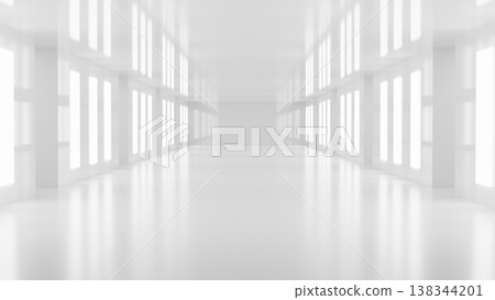 Futuristic white corridor or hallway with polished floor and bright light through window in building 138344201