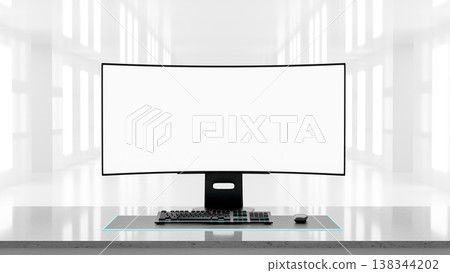 White curved screen computer and blue neon backlight set up in futuristic bright corridor or hallway White curved screen computer and blue neon backlight set up in futuristic bright corridor or hallway 138344202