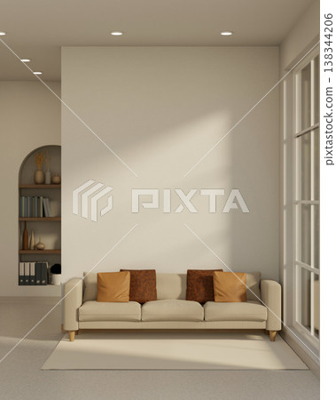 Beige sofa on carpet aside white wall and sunlight through window and arch bookshelf in modern room. 138344206