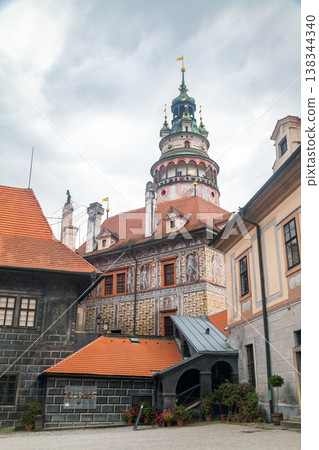 Second courtyard of Cesky Krumlov Castle with a tower 138344340