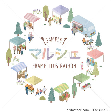 Watercolor-style isometric market frame with illustration of an outdoor market and people. Watercolor-style isometric market frame with illustration of an outdoor market and people. 138344486