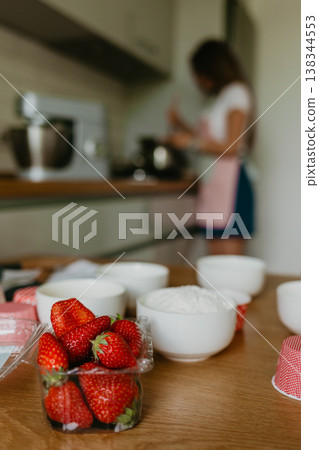 Delicious strawberry blueberry pie, tart with pudding with kitchen background Delicious strawberry blueberry pie, tart with pudding with kitchen background 138344553