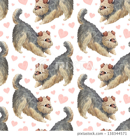 A watercolor pattern featuring a cute curly terrier with tiny hearts A watercolor pattern featuring a cute curly terrier with tiny hearts 138344571