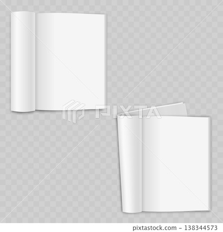 Realistic Open Magazine Mockup Set. Vector Blank Brochure or Catalog Template with Rolled Page and Spread View. 138344573
