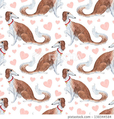 A watercolor pattern featuring a playful Russian greyhound and hearts A watercolor pattern featuring a playful Russian greyhound and hearts 138344584