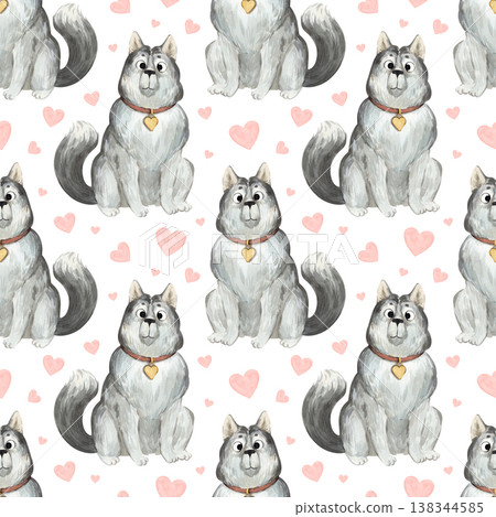 A watercolor pattern with a cute husky and hearts 138344585