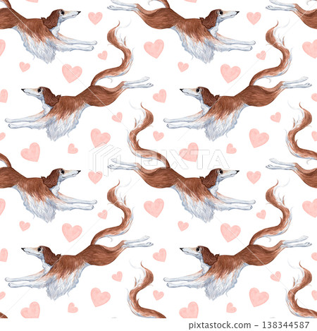 A watercolor pattern featuring a playful Russian greyhound and hearts A watercolor pattern featuring a playful Russian greyhound and hearts 138344587