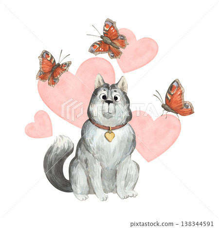 A husky dog against a background of watercolor hearts and butterflies A husky dog against a background of watercolor hearts and butterflies 138344591