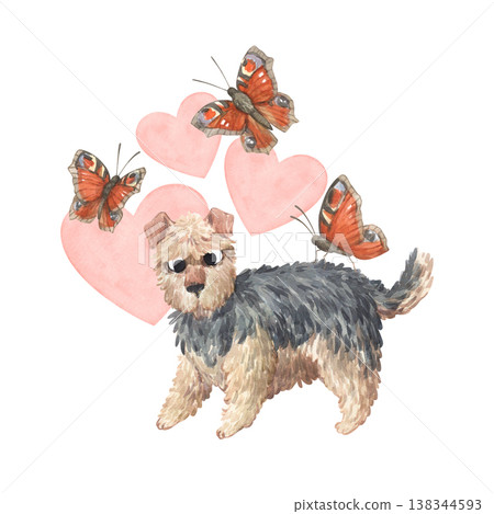 A curly-coated terrier against a background of watercolor hearts and butterflies 138344593