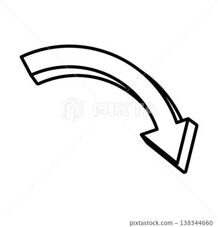 A white, downward-pointing curved arrow expresses depth through its three-dimensional thickness. A white, downward-pointing curved arrow expresses depth through its three-dimensional thickness. 138344660