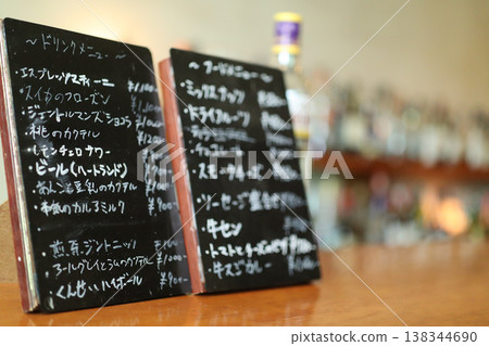Cafe blackboard menu and interior blur photo 138344690
