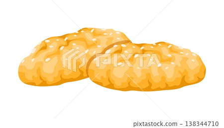 Cartoon oatmeal cookies isolated on white background. Vector pastry food, baked oat biscuits with grain texture, sesame seeds, crispy surface and golden color. Sweet healthy snack or breakfast pastry Cartoon oatmeal cookies isolated on white background. Vector pastry food, baked oat biscuits with grain texture, sesame seeds, crispy surface and golden color. Sweet healthy snack or breakfast pastry 138344710