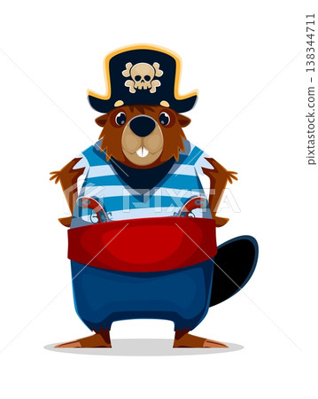 Cartoon beaver animal pirate crew character, wearing a striped blue shirt, red sash, blue pants, and a black captain hat with a skull emblem, holding two flintlock pistols tucked into his belt Cartoon beaver animal pirate crew character, wearing a striped blue shirt, red sash, blue pants, and a black captain hat with a skull emblem, holding two flintlock pistols tucked into his belt 138344711