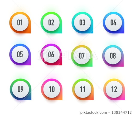 Color number bullet points tags and icons. Vector set of round tags from one to twelve. Modern infographic elements for steps sequence labels, markers or interface icons highlight workflow and process Color number bullet points tags and icons. Vector set of round tags from one to twelve. Modern infographic elements for steps sequence labels, markers or interface icons highlight workflow and process 138344712