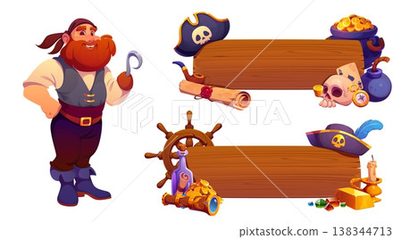 Pirate banners and funny corsair character. Cartoon sailor or captain with hook, Vector wooden board templates with tricorn hat, skull, treasure, gold coin jewel, bottle with scroll map and ship wheel Pirate banners and funny corsair character. Cartoon sailor or captain with hook, Vector wooden board templates with tricorn hat, skull, treasure, gold coin jewel, bottle with scroll map and ship wheel 138344713