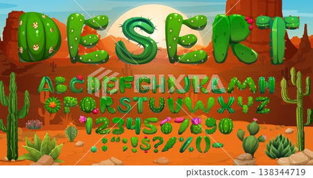 Cactus font, succulent typeface, Mexican cacti type, English alphabet, signs and numbers. Cartoon vector funny abc characters with thorns and flowers. Desert typography made of green plants and spines Cactus font, succulent typeface, Mexican cacti type, English alphabet, signs and numbers. Cartoon vector funny abc characters with thorns and flowers. Desert typography made of green plants and spines 138344719