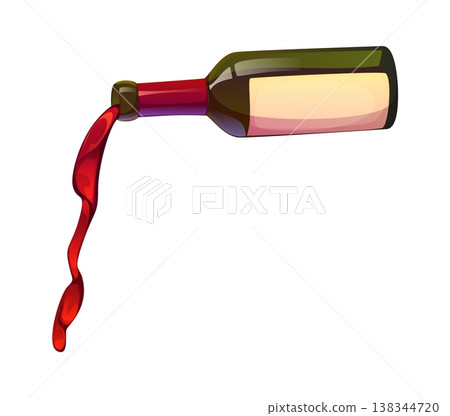 Red wine pouring from glass bottle with flowing liquid. Isolated vector cooking process of alcohol ingredient addition in recipe. Cartoon culinary kitchen food preparation scene with beverage stream Red wine pouring from glass bottle with flowing liquid. Isolated vector cooking process of alcohol ingredient addition in recipe. Cartoon culinary kitchen food preparation scene with beverage stream 138344720