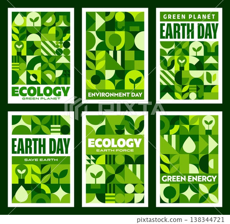 Earth Day posters with geometric pattern of vector ecology and nature conservation. Eco light bulbs with green leaves, trees and drops geometric mosaic patterns for Earth and Environment Day posters 138344721